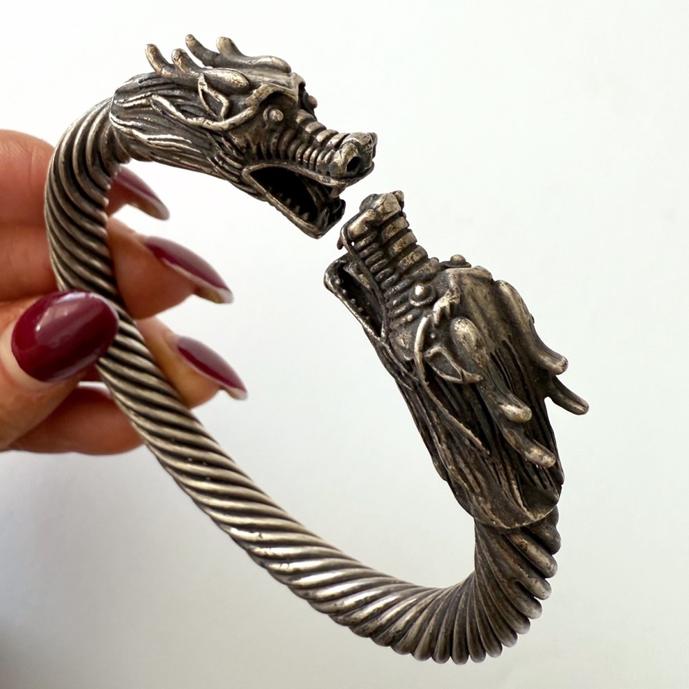 Silver Vintage Dragon Head Cuff Bracelet